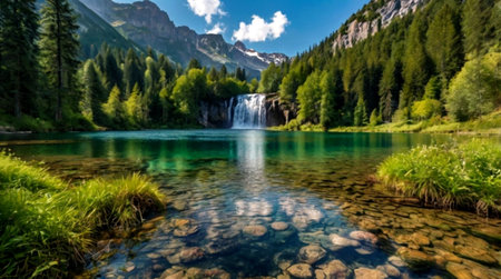 Panoramic view of beautiful alpine lake with crystal clear water and waterfall in summer