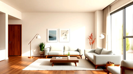 interior modern bright room with sofa 3D rendering illustration computer generated image