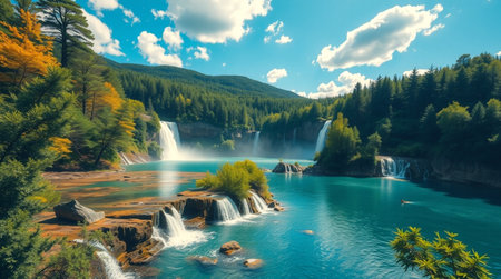 Waterfall in the forest. Mountain landscape. Panoramic view.