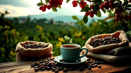 Coffee cup and coffee beans on wooden table with nature backgroundの写真素材