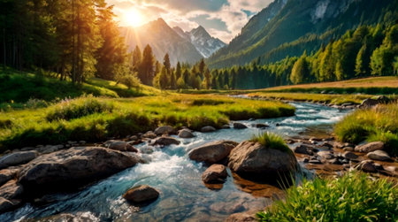 Mountain river in the mountains at sunset. Beautiful summer landscape.
