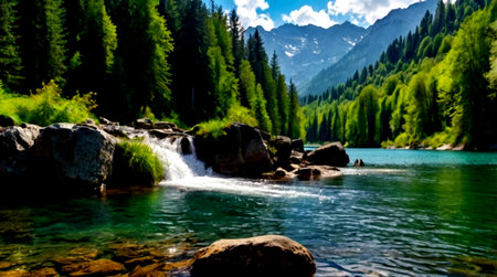 Panoramic view of a mountain river flowing through the forest.