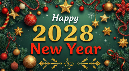 Happy New Year 2018. Greeting card with Christmas tree branches and decorations. Vector...
