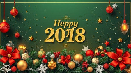 Happy new year 2018 greeting card with fir branches, baubles and snowflakes on green background.