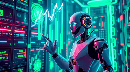 3d rendering humanoid robot pointing with forex chart in the background