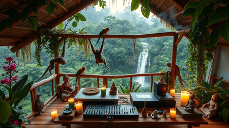 Wooden terrace with a view of the waterfall in the jungle.