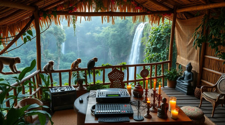 Beautiful view of the waterfall in the jungle of Bali, Indonesiaの写真素材