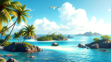 tropical island with palm trees and a boat in the sea. 3d renderの写真素材