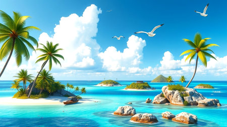 Tropical island with palm trees and seagulls. 3d renderの写真素材