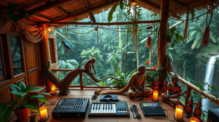 Musical instruments in the living room of a house in the jungle
