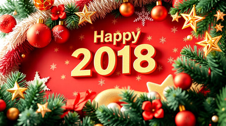 Happy New Year 2018 with christmas tree and decoration on red background