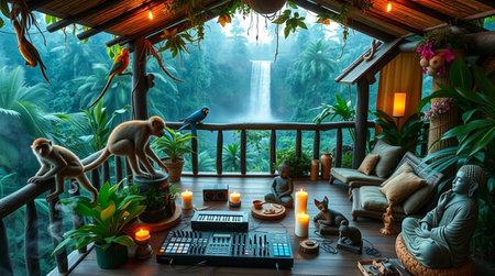 Tropical jungle with a waterfall in Bali, Indonesia.の写真素材