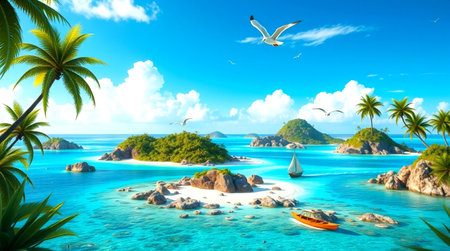 Beautiful tropical island with palm trees and sailing boat. 3d rendering