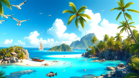 tropical island with palm trees and sailing boat - 3d render