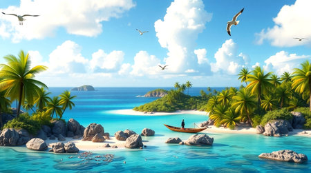 Tropical island with palm trees and blue sea. 3d render