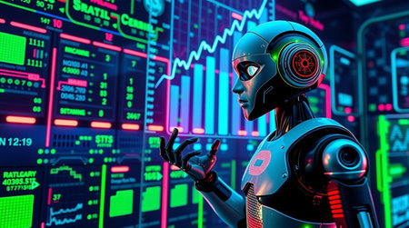 3d rendering humanoid robot working with stock market chart on digital screen