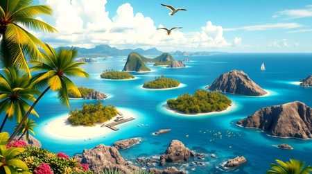 tropical island with palm trees and blue lagoon - 3d render