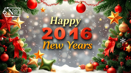 Happy New Year 2016 greeting card with baubles and fir branches