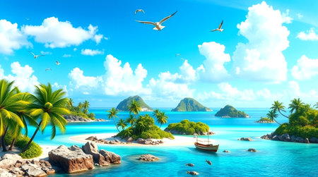 Beautiful tropical island with palm trees and turquoise sea. 3d rendering