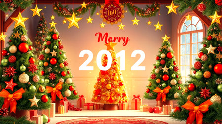 3d illustration of christmas tree with decorations and gifts in room