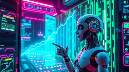 3d rendering humanoid robot pointing finger to forex chart on display