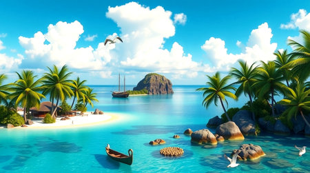 Tropical island with palm trees and boats. 3d renderの写真素材