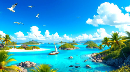 Tropical island with palm trees and blue lagoon. 3d render