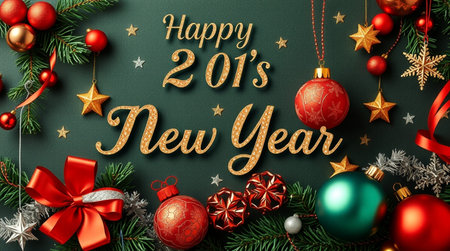 Happy New Year 2018 lettering with Christmas decoration on green background.