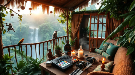 Beautiful view of a cozy terrace with a view of the waterfall.