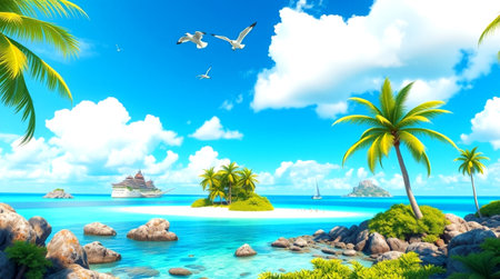 Tropical island with palm trees and seagulls. 3d render