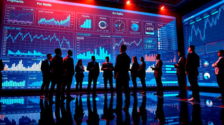 Silhouettes of business people in front of a big screen with charts