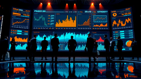 Silhouettes of business people in front of the monitor with charts