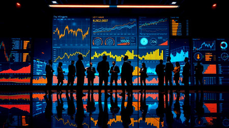 Silhouettes of business people in front of stock market background.