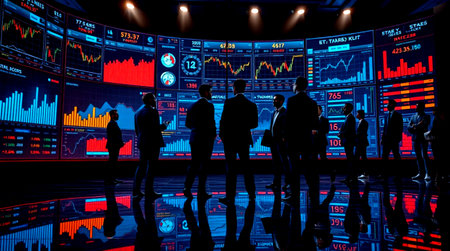Silhouettes of business people and stock market data on a digital screen
