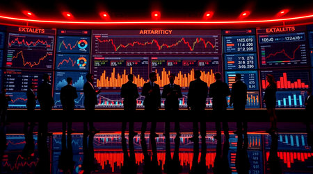 Silhouettes of business people and stock market data on digital screens