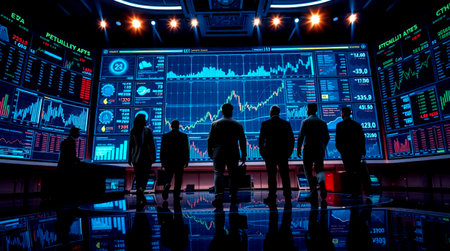 Silhouettes of business people in front of a monitor of stock market data