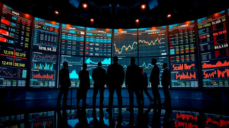 Silhouettes of business people standing in front of monitor with stock market data