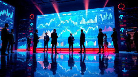 Silhouettes of business people and stock market data on digital screenの写真素材