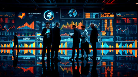 Business people silhouettes in front of virtual screen with forex chart