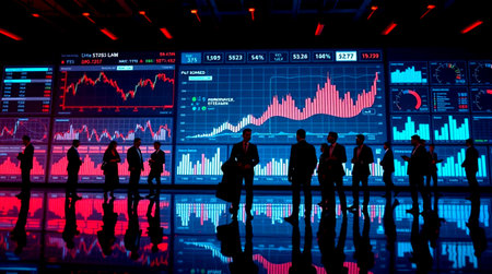 Business People Stock Exchange Trading Forex Investment Concept. Silhouette of business people in...