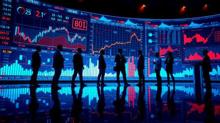 Silhouettes of business people against stock market background. Concept of trading