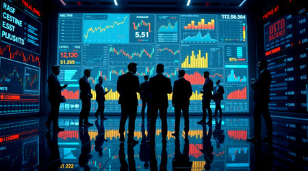 Silhouettes of business people standing in front of a monitor with financial charts