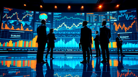 Silhouettes of business people in front of a monitor with stock market data