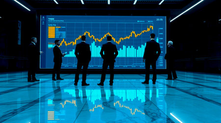 Silhouettes of business people looking at stock market chart in office