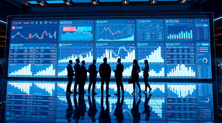 Group of business people silhouettes in front of a monitor with financial charts