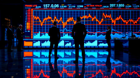 Silhouette of business people standing in front of stock market chart.