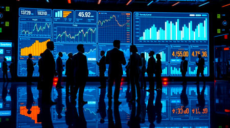 Silhouettes of business people in front of a monitor with stock market data