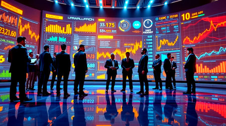 Silhouettes of a group of business people in front of a monitor with stock market data
