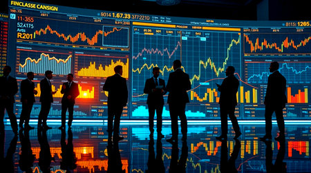 Silhouettes of business people and stock market data on digital screen