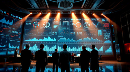 Back view of businesspeople in conference room with glowing graphs and diagrams